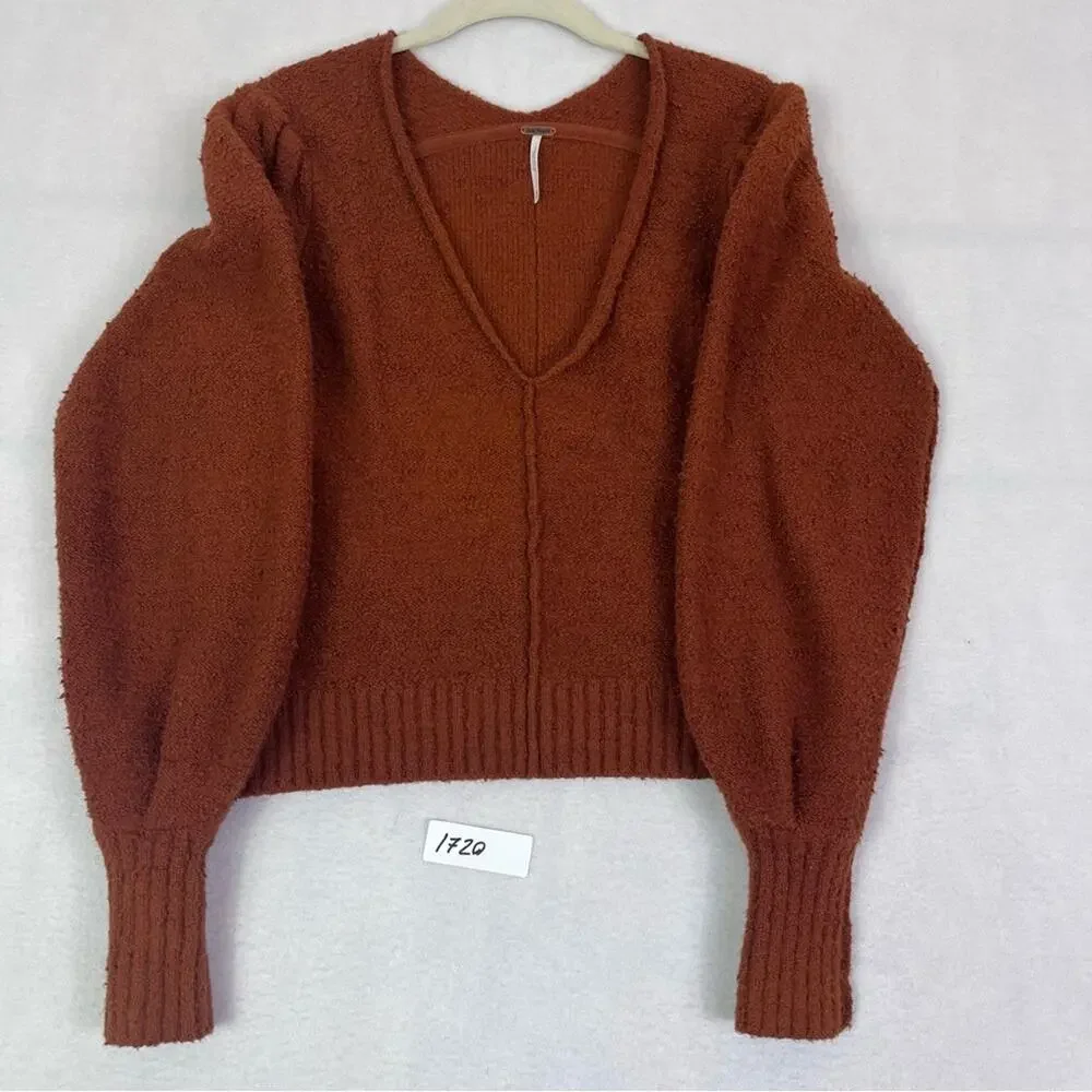 Free People Sweater Womens XS/TP Reverie Burnt Butter V Neck Ballon Sleeve